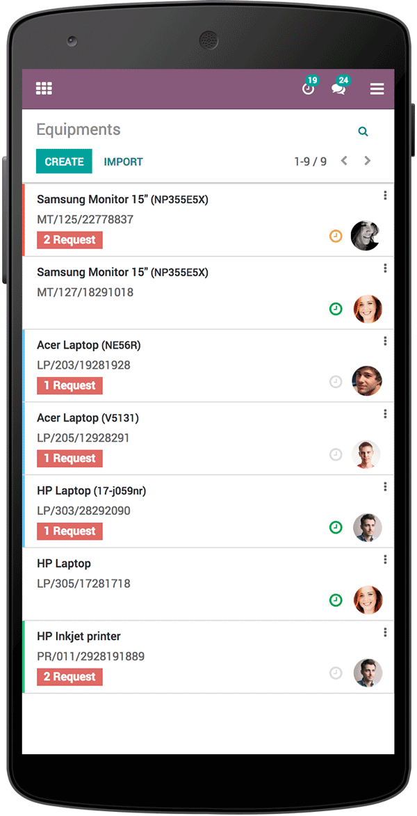 Giao diện di động hiển thị các thiết bị trong Odoo Bảo trì